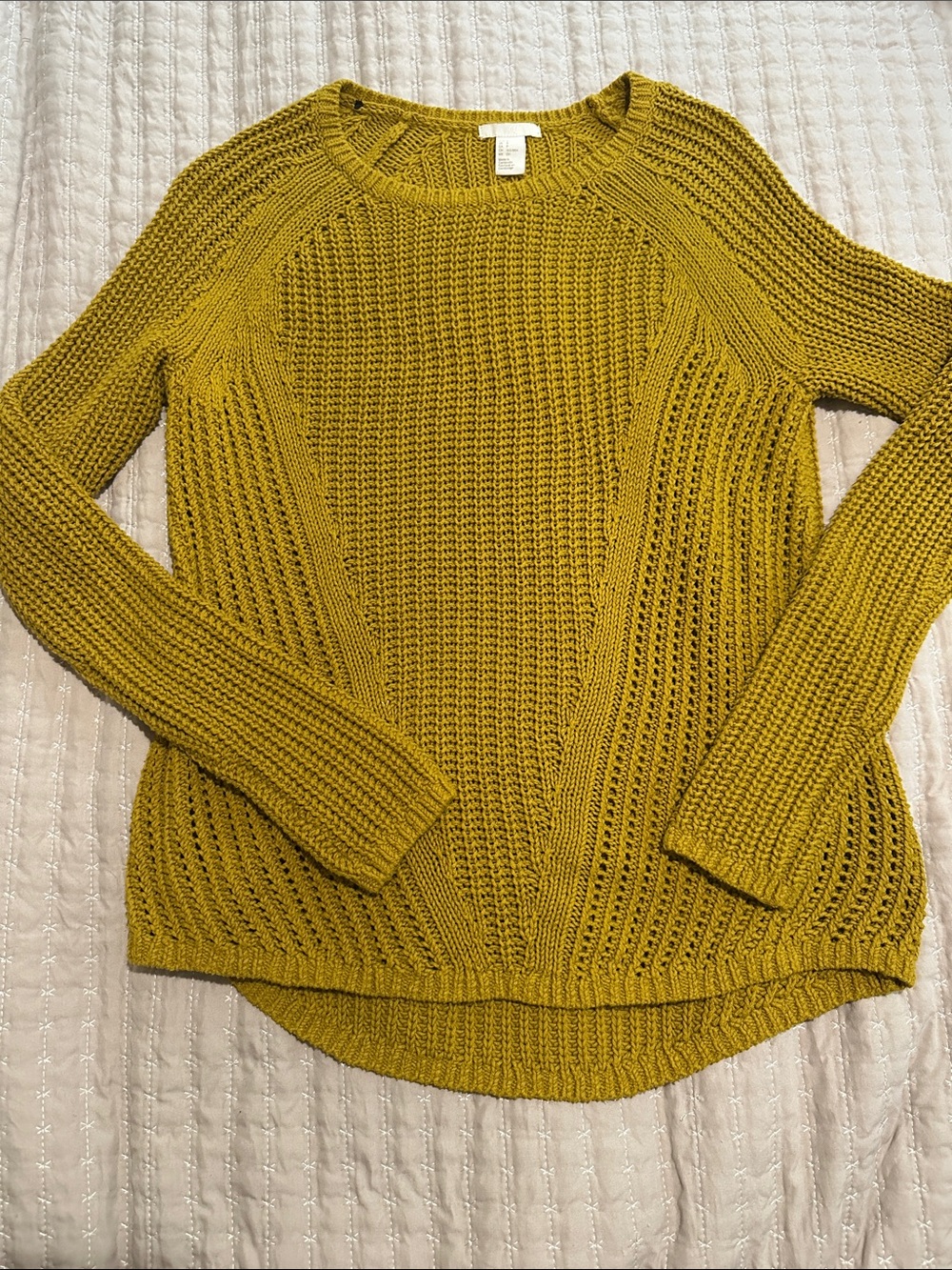 H&M Mustard Openwork Ribbed Crewneck Sweater